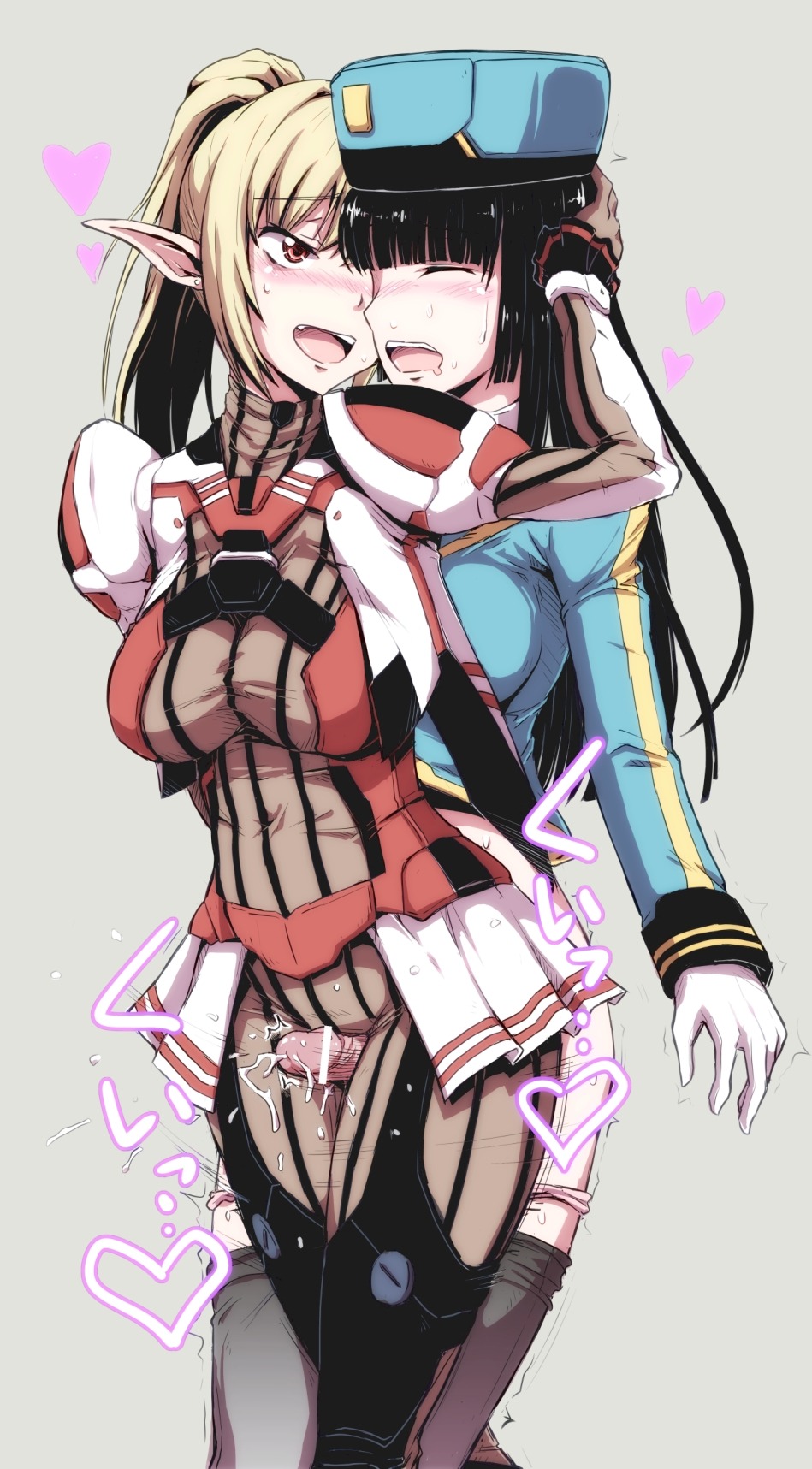 armor black_hair blonde_hair blush bodysuit censored closed_eyes cum dawy elf equestior female futa_with_female futanari grey_background grinding hat heart heavy_breathing highres intersex multiple_females multiple_girls nose_blush open_mouth orgasm outercourse panties panty_pull phantasy_star phantasy_star_online_2 pointy_ears rebecca_(pso2) red_eyes rule34 simple_background sweat thigh_sex thighhighs thighs trembling underwear