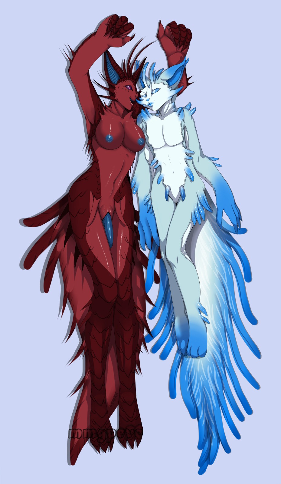 2013 alien anthro blue_eyes breasts claws duo e621 erection felid gastropod genitals gynomorph hi_res hush_(mirromy) intersex lying lyynxx male mammal mirromy mmgpeve_(artist) mollusk nipples nude on_back open_mouth penis simone_(lyynxx) simple_background size_difference smile