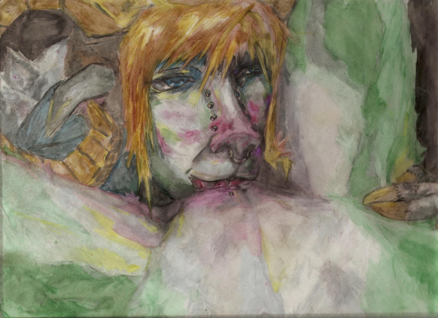 blonde_hair blue_body blue_eyes blue_fur bodypaint bovid bovid_horn bridge_piercing caprine caprine_horn clitoris clitoris_piercing cunnilingus curled_horn domestic_sheep duo e621 faceless_character faceless_female facial_piercing female female/female fingers fur genital_piercing genitals green_body green_fur hair hendly_(hendlyd) hendlyd hi_res hooved_fingers hooves horn mammal nose_piercing nose_ring nude oral painting_(artwork) piercing ram_horn ring_piercing septum_piercing sex sheep tan_horn traditional_media_(artwork) traditional_painting_(artwork) traditional_watercolor_(artwork) vaginal vulva vulva_piercing watercolor_(artwork) white_body white_fur