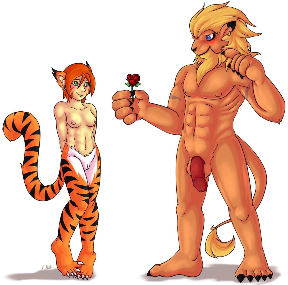 5_fingers 5_toes abs animal_humanoid anthro bandai_namco barefoot beard black_body black_fur blue_eyes blush breasts breath_of_fire capcom casual_nudity claws digimon digimon_(species) duo e621 ear_piercing eye_contact facial_hair facial_markings feet felid felid_humanoid female female_humanoid female_on_anthro fingers flaccid flower fur genitals green_eyes hair harlequindragon head_markings hi_res holding_flower holding_object humanoid humanoid_on_anthro katt_(breath_of_fire) leomon looking_at_another male male/female male_anthro male_on_humanoid mammal mammal_humanoid markings nipples nude orange_body orange_fur orange_hair pantherine pantherine_humanoid penis piercing plant rose_(flower) simple_background size_difference smile standing stripes tail tail_tuft tan_body tan_skin tasteful_nudity tiger_humanoid toes tuft vulva white_background