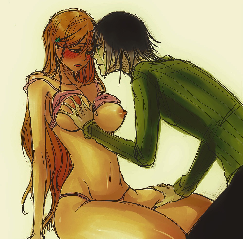 1boy 1girls arrancar black_hair bleach blush breast_grab breasts clothed_male espada female inoue_orihime male nipples open_mouth orange_hair panties pointy_chin rule34 shirt_lift thick_thighs thighs thin_arms thin_waist thong ulquiorra_cifer underwear waist wide_hips