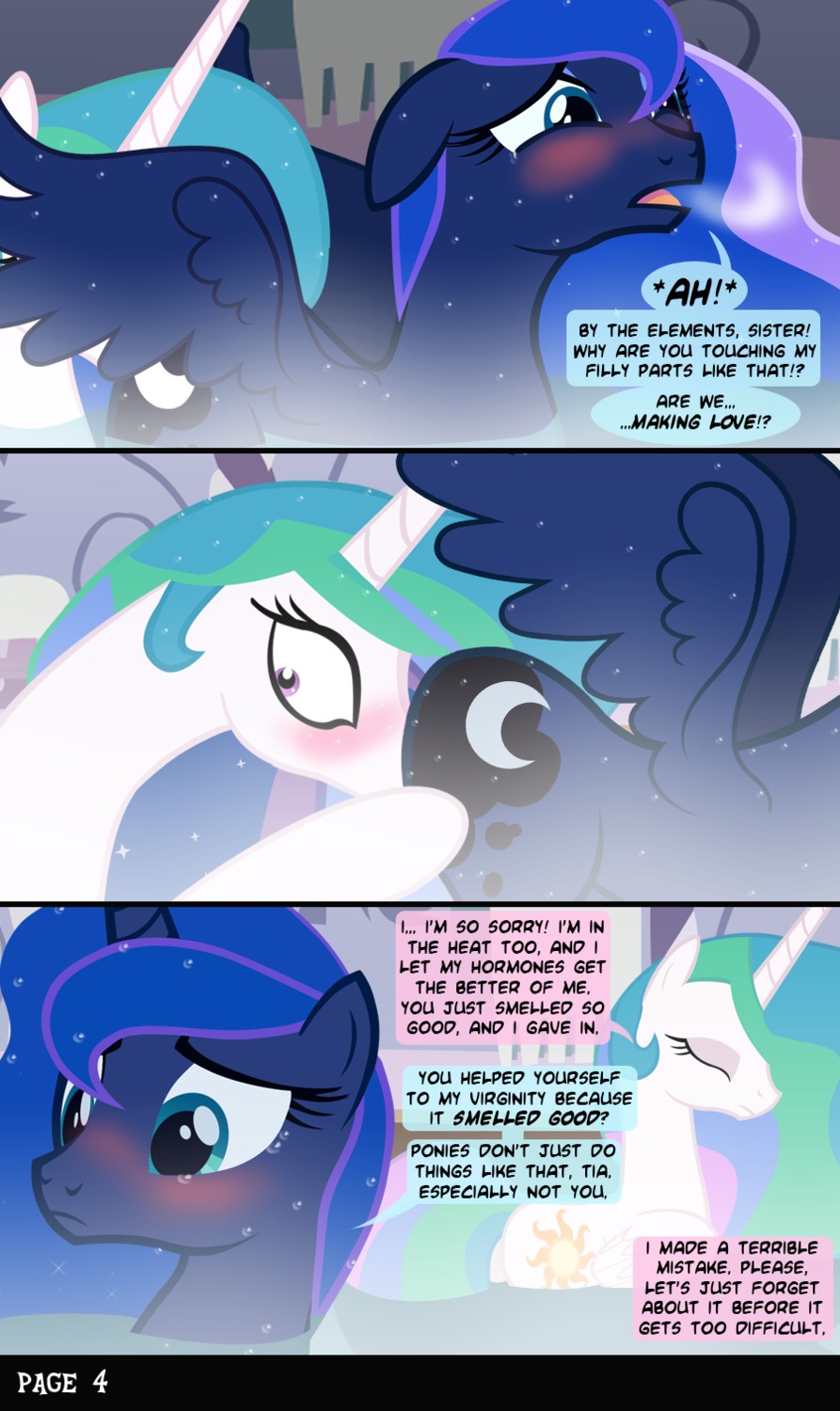 2012 bath blush comic cunnilingus cutie_mark dialogue duo e621 english_text equid equine feathered_wings feathers female female/female female_feral feral friendship_is_magic hair hasbro hi_res horn in_heat incest_(lore) licking long_hair mammal multicolored_hair my_little_pony mythological_creature mythological_equine mythology nude oral princess princess_celestia_(mlp) princess_luna_(mlp) purple_eyes questionable_consent royalty sex shocked sibling_(lore) sister_(lore) sisters_(lore) speech_bubble stated_incest stated_virginity tail teal_eyes text tongue tongue_out unknown_artist vaginal virgin water wing_boner winged_unicorn wings