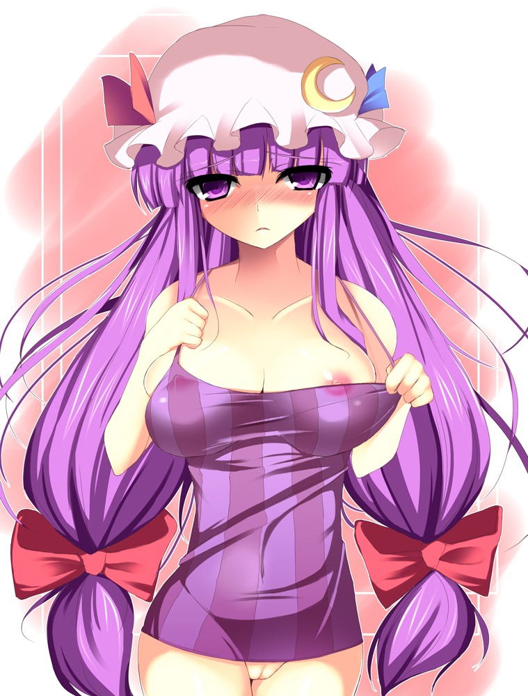 blush bow breasts female female_only hairbow hat human kishiki_kanmitsu large_breasts long_hair nipples no_bra no_panties patchouli_knowledge purple_eyes purple_hair pussy rule34 see-through solo tied_hair touhou twintails uncensored