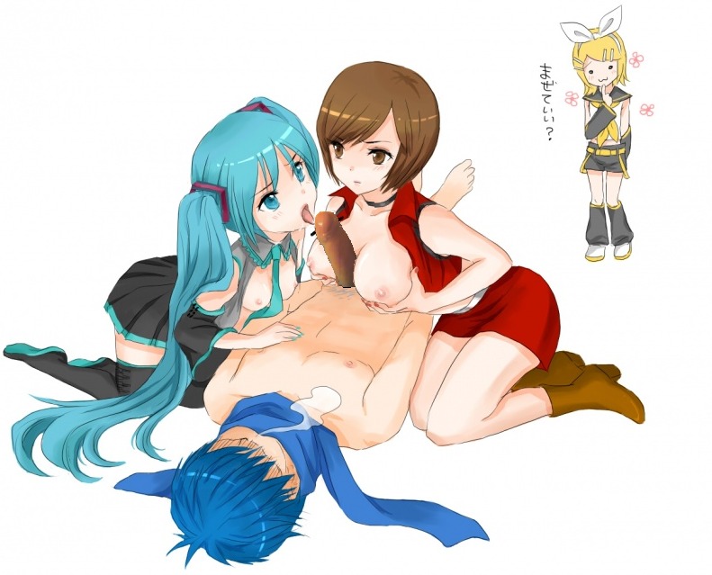 1boy 3girls aqua_eyes aqua_hair blonde_hair blue_eyes blue_hair blue_scarf boots breasts brown_eyes brown_hair choker crop_top cum detached_sleeves fellatio female green_hair group_sex hair_ornament hair_ribbon hairclip hatsune_miku hetero kagamine_rin kaito_(vocaloid) kneeling large_breasts long_hair male medium_breasts meiko meiko_(vocaloid) multiple_girls nail_polish necktie nipples open_clothes open_shirt oral paizuri penis ribbon rule34 scarf shirt short_hair simple_background skirt small_breasts smile thigh_boots thighhighs tongue twintails uncensored very_long_hair vocaloid zettai_ryouiki