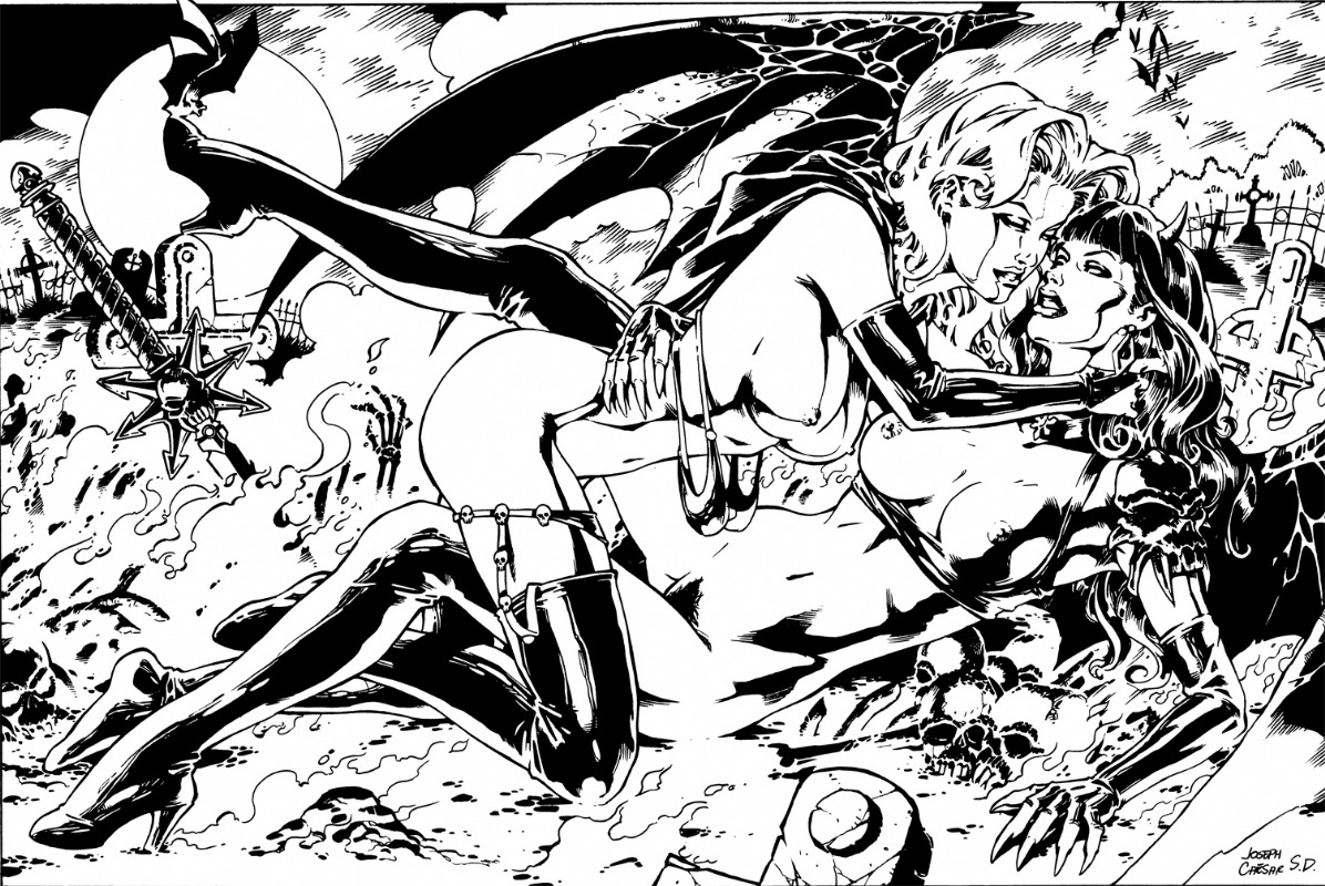 bare_breasts black_and_white breasts chaos_comics crossover female high_heel_boots imminent_kiss imminent_sex joseph_caesar lady_death purgatori rule34 thigh_boots yuri