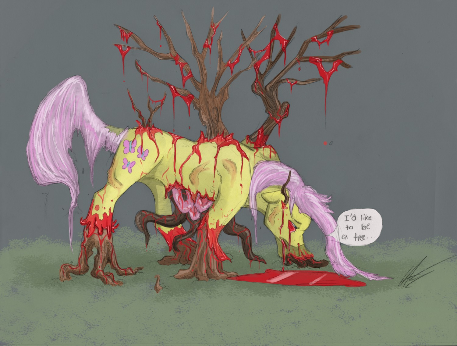 2011 absurd_res blood bodily_fluids cutie_mark death dialogue e621 english_text equid equine female feral fluttershy_(mlp) friendship_is_magic fur gore grotesque guts hair hasbro hi_res horse intestines mammal my_little_pony organs outside pink_hair plant pony qwertydragon00 signature solo text transformation tree yellow_body yellow_fur