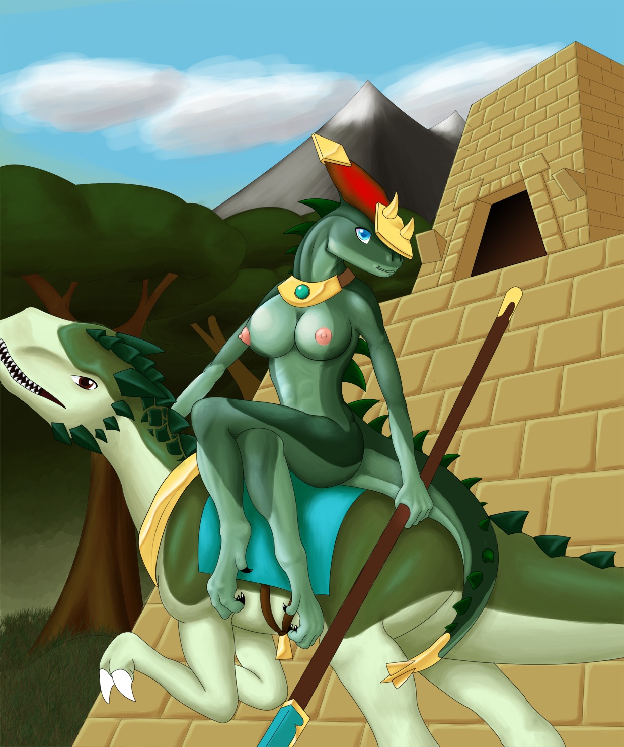 anthro background blue_eyes color dinosaur female female_only hat nude rule34 scalie solo