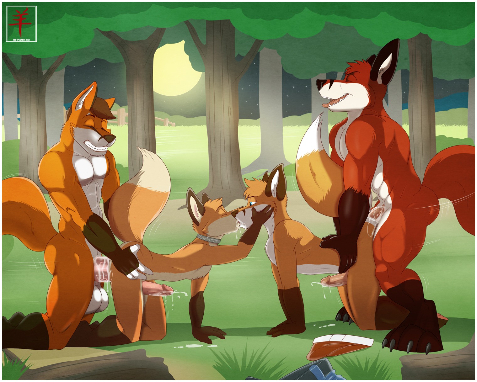2014 aaron_(artist) abs all_fours anal anal_orgasm anal_penetration animal_genitalia anthro anthro_on_anthro athletic balls biceps big_penis bodily_fluids border brown_hair butt butt_grab canid canine clenched_teeth clothing collar cum cum_in_ass cum_inside cum_on_penis cum_string cum_while_penetrated cumshot detailed_background digital_media_(artwork) doggystyle dripping e621 ejaculation erection eyes_closed face_grab fangs forest foursome fox from_behind_position full_moon fur genital_fluids genitals group group_sex hair hand_on_butt hands-free hi_res humanoid_genitalia humanoid_penis jasonwerefox kissing kneeling leaking male male/male male_penetrated male_penetrating male_penetrating_male mammal moon muscular nature night nude open_mouth orgasm outside parallel_sex pecs penetration penis plant red_fox sex sharp_teeth sheath side_view sky star starry_sky teeth tongue tongue_out torso_grab tree true_fox underwear vein werefox_(character) white_border