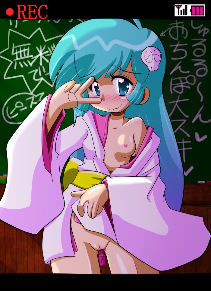 1girls blue_eyes blue_hair blush breasts chalkboard dildo dororon_enma-kun female hair_ornament huge_eyes japanese_clothes long_hair princess pussy rule34 skull_hair_ornament smile solo tear uncensored v yorunoko yuki_onna yukiko_hime