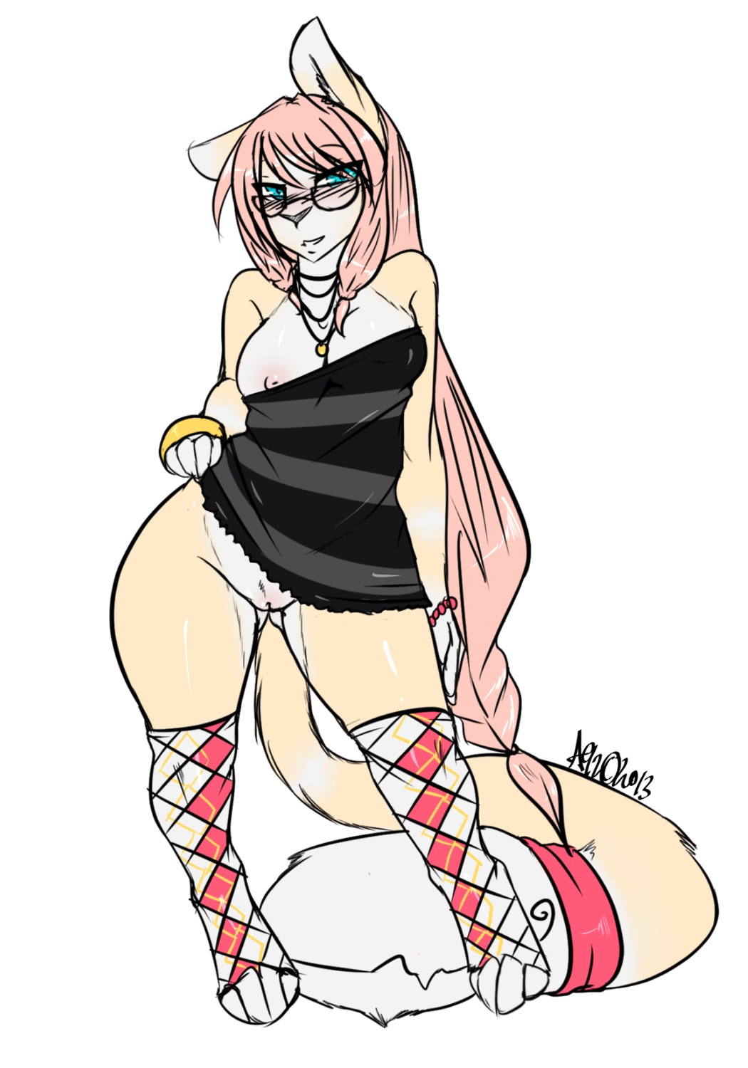 anthro avante92 blue_eyes blush breasts e621 eyewear felid female fur genitals glasses hair hi_res looking_at_viewer mammal nipple_slip nipples pink_hair solo tail tail_mouth tailmouth_(species) tan_body tan_fur unusual_anatomy unusual_tail vulva white_body white_fur