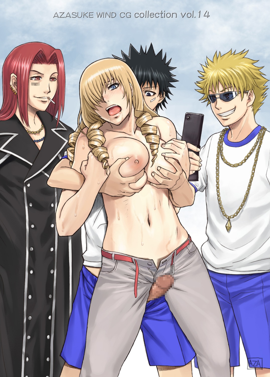 areolae azasuke black_hair blonde_hair blue_eyes blush breast_grab breasts cellphone censored cigarette clenched_teeth denim drill_hair female gangbang group hair_over_one_eye highres jeans kamijou_touma large_breasts long_hair male mosaic_censoring navel nipples no_bra open_mouth oriana_thompson outercourse penis red_eyes red_hair rubbing rule34 saliva sex short_hair smile standing stiyl_magnus sunglasses sweat thigh_sex thighs to_aru_majutsu_no_index topless tsuchimikado_motoharu
