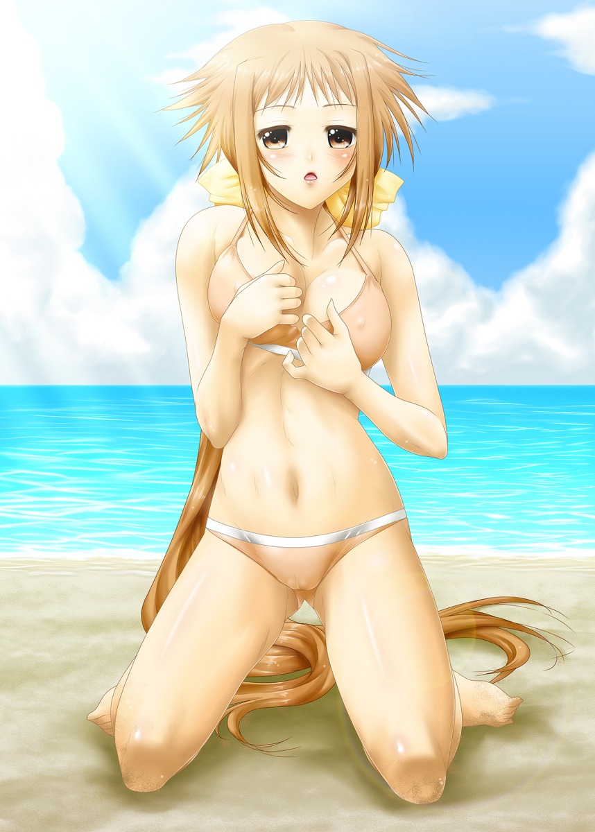 beach bikini brown_eyes brown_hair cameltoe dieci female highres kneeling long_hair lyrical_nanoha mahou_shoujo_lyrical_nanoha_strikers numbers_(nanoha) pixiv_manga_sample pussy rule34 sand swimsuit tagme
