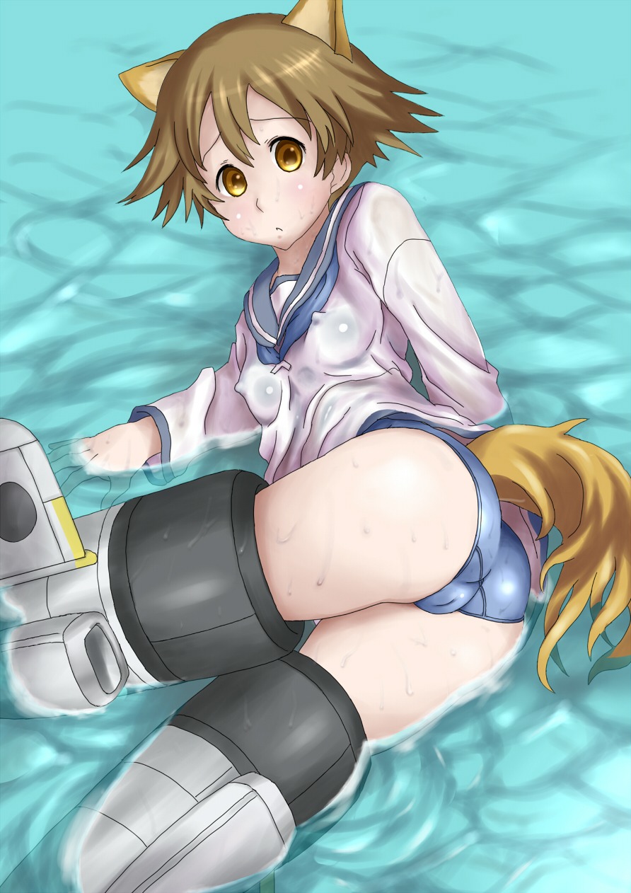 blush breasts clothing erect_nipples female miyafuji_yoshika mozu-k nipples one-piece_swimsuit rule34 small_breasts strike_witches swimsuit tagme water world_witches_series