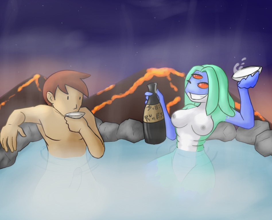 alcohol anthro beverage bottle breasts chucklefish container duo e621 erection female genitals gnollykins hair holding_bottle holding_container holding_object human hylotl male mammal nipples nude penis sitting smile starbound volcano water
