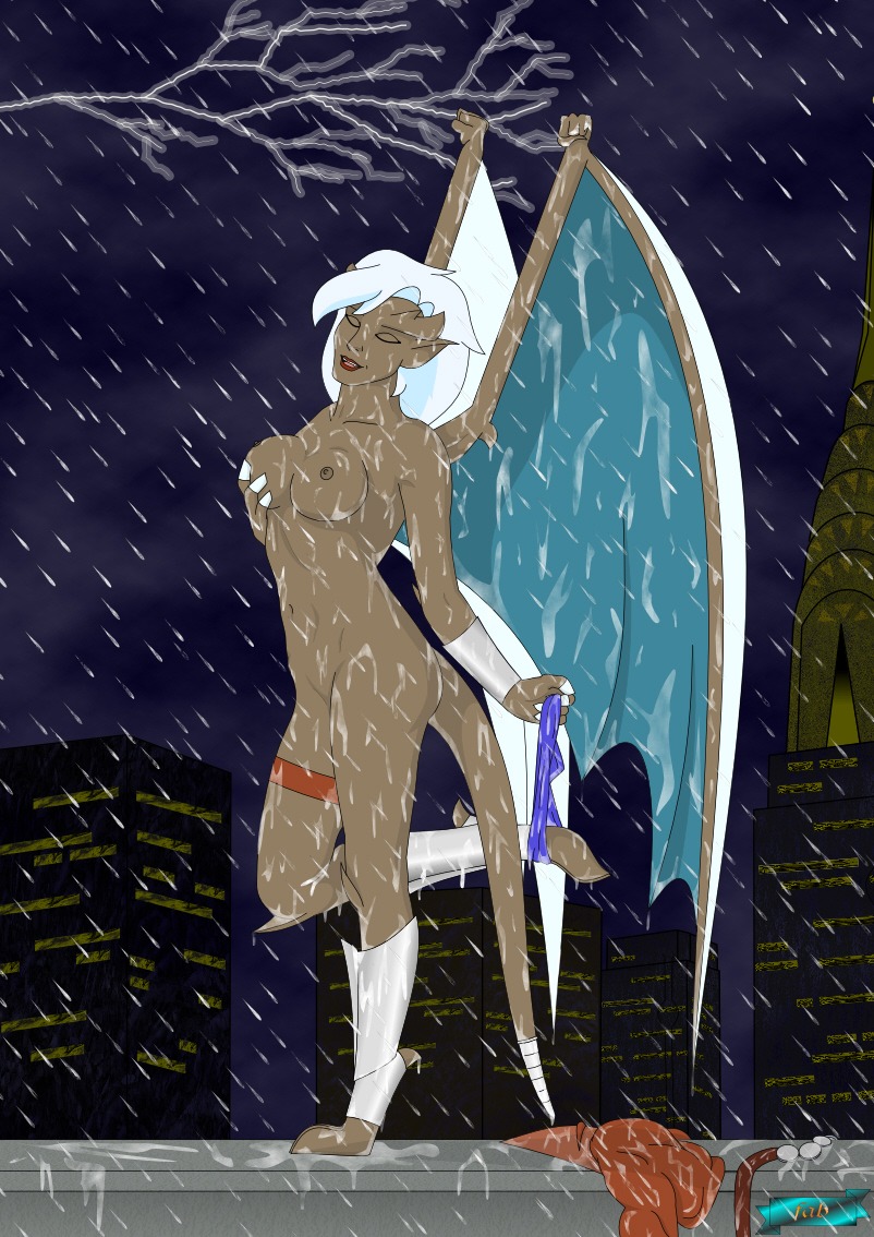 1girls brown-skinned_female brown_skin delilah_(gargoyles) disney fab fab3716 female female_only gargoyles humanoid nipples nude nude_female rain rule34 solo solo_female stripping undressing wet white_hair winged_humanoid wings