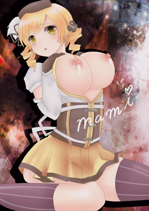 10s 1girls 2011 artist_request blonde_hair breasts cosmic_background english_text female human human_only legwear looking_at_viewer magical_girl mahou_shoujo_madoka_magica rule34 text thick tomoe_mami twin_drills yellow_eyes