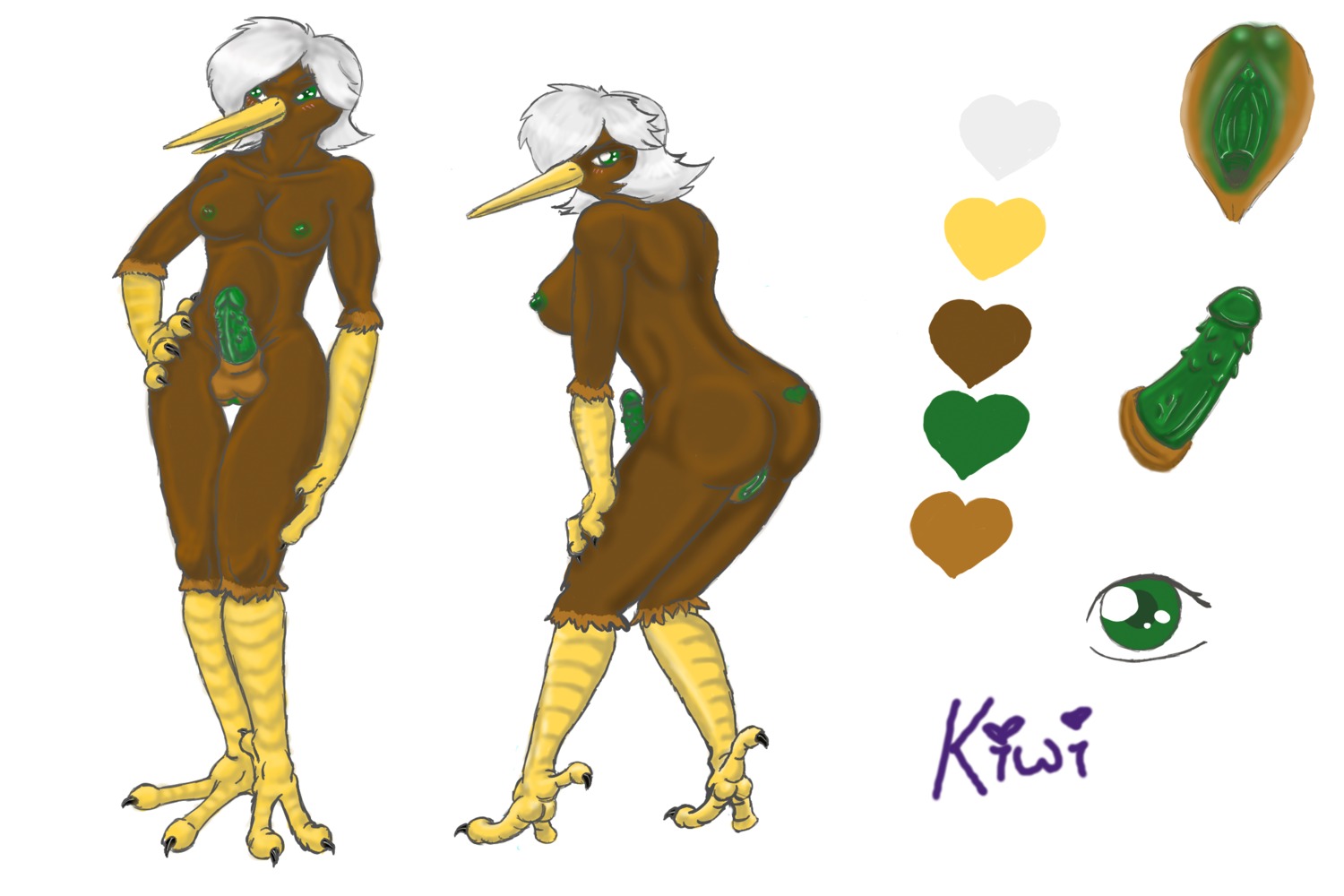 3:2 animal_genitalia anthro avian backsack balls beak biped bird breasts butt color_swatch e621 erection feet frozen_over genitals green_eyes green_nipples green_penis grey_hair hair heart_symbol herm hi_res intersex kiwi_(bird) model_sheet nipples non-mammal_balls non-mammal_breasts non-mammal_nipples nude penile_spines penis ratite sheath side_view simple_background solo standing talons tan_balls tan_sheath toes vulva white_background white_hair