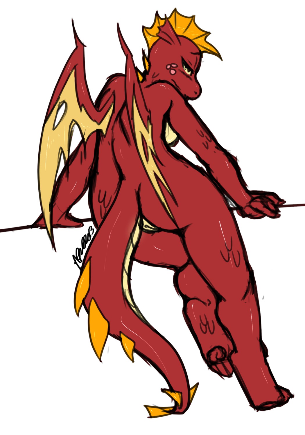 anthro anthrofied avante92 breasts butt crossgender dragon e621 female friendship_is_magic garble_(mlp) genitals hasbro hi_res looking_at_viewer looking_back membrane_(anatomy) membranous_wings my_little_pony mythological_creature mythological_scalie mythology non-mammal_breasts nude pinup pose red_body red_scales scales scalie side_boob simple_background solo tail vulva white_background wings