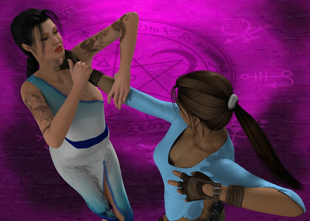 2girls 3d angelina_jolie female female_only human lara_croft lara_croft_(angelina_jolie) lara_croft_(l.a.u.) multiple_females rule34 sasha2000dog tagme tattoo tomb_raider tomb_raider_(l.a.u.)