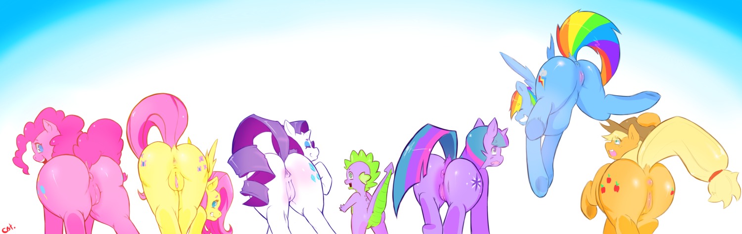 2014 absurd_res anus applejack_(mlp) ass_up big_butt blonde_hair blue_body blue_eyeshadow blue_feathers blue_fur butt clothing cold-blooded-twilight cowboy_hat cutie_mark digital_media_(artwork) dock_(anatomy) dragon e621 earth_pony equid equine eyeshadow feathered_wings feathers female feral fluttershy_(mlp) freckles friendship_is_magic fur genitals group hair hasbro hat headgear headwear hi_res hooves horn horse long_hair looking_back makeup male mammal mane_six_(mlp) multicolored_hair my_little_pony mythological_creature mythological_equine mythological_scalie mythology open_mouth orange_body orange_fur pegasus pink_body pink_fur pink_hair pinkie_pie_(mlp) pony presenting presenting_hindquarters purple_body purple_fur purple_hair rainbow_dash_(mlp) rainbow_hair raised_tail rarity_(mlp) rear_view reptile scalie simple_background smile spike_(mlp) tail take_your_pick teeth twilight_sparkle_(mlp) two_tone_hair unicorn vulva white_body white_fur wings yellow_body yellow_fur