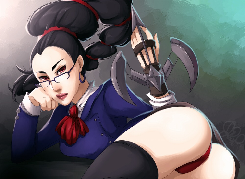 ass female glasses league_of_legends on_side panties red_panties rule34 shauna_vayne thighhighs vayne
