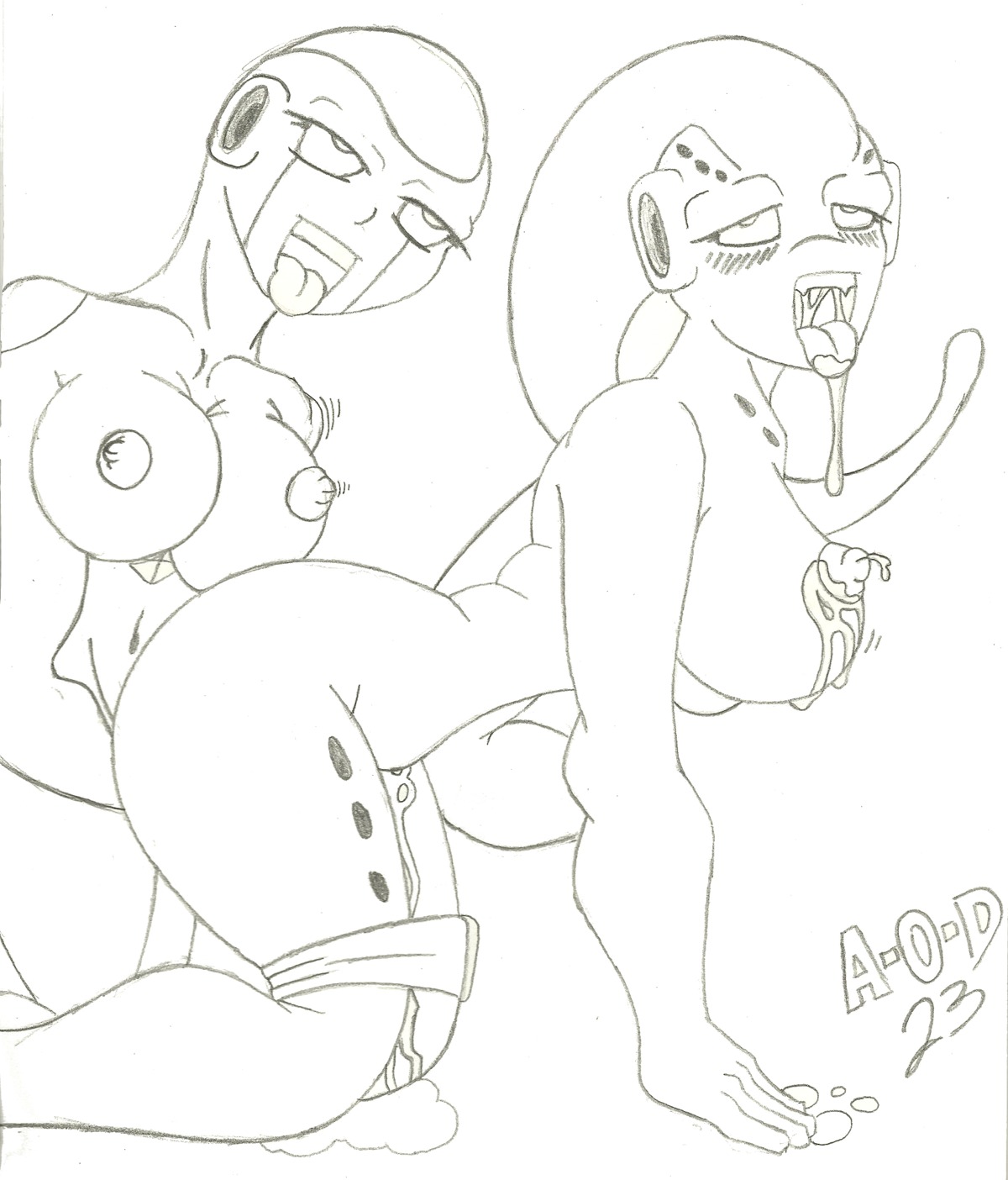 2girls ahe_gao all_fours breasts dragon_ball dragon_ball_z drawn female female_only freeza frieza genderswap humanoid interspecies majin majin_buu monochrome open_mouth rule34 rule_63 sketch solo tongue white_background yuri