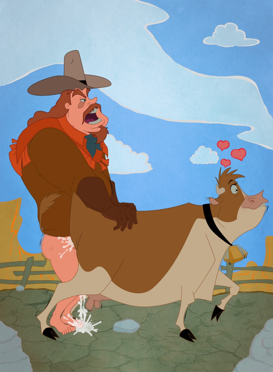 alameda_slim ambiguous_penetration beard beef_cattle bell bestiality bodily_fluids bottomless bovid bovine brown_body brown_fur cattle clothed clothing cloud cowboy_hat cum cum_inside disney duo e621 facial_hair female female_on_human female_penetrated feral feral_penetrated from_behind_position fur genital_fluids gloves goatee hair hand_on_another's_butt hand_on_butt handwear hat headgear headwear heart_symbol hereford_cattle hi_res home_on_the_range horn human human_on_feral human_penetrating human_penetrating_feral interspecies long_hair maggie_(home_on_the_range) male male/female male_on_feral male_penetrating male_penetrating_female mammal open_mouth outside penetration seror sex shirt sky teeth tongue topwear