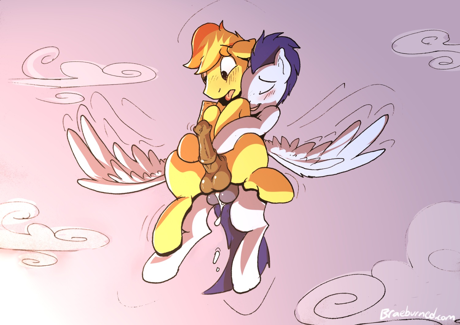 anal anal_penetration animal_genitalia animal_penis balls balls_deep blue_body blue_feathers blue_fur blue_hair blush bodily_fluids braeburn_(mlp) braeburned carrying_another cloud cum cum_in_ass cum_inside digital_media_(artwork) duo e621 earth_pony equid equine equine_genitalia equine_penis erection feathered_wings feathers feral flying flying_sex friendship_is_magic from_behind_position fur genital_fluids genitals green_eyes hair hasbro hi_res horse male male/male male_penetrated male_penetrating male_penetrating_male mammal my_little_pony mythological_creature mythological_equine mythology nude orange_hair outside pegasus penetration penis pony sex sky skyscape soarin_(mlp) wings wonderbolts_(mlp) yellow_body yellow_fur