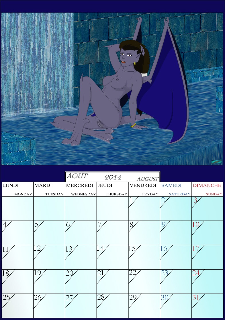 2014 angela_(gargoyles) august_(month) breasts calendar calendar_graphic disney e621 fab3716 female gargoyle gargoyles genitals irl_trace nipples non-mammal_nipples nude pinup pose solo vulva