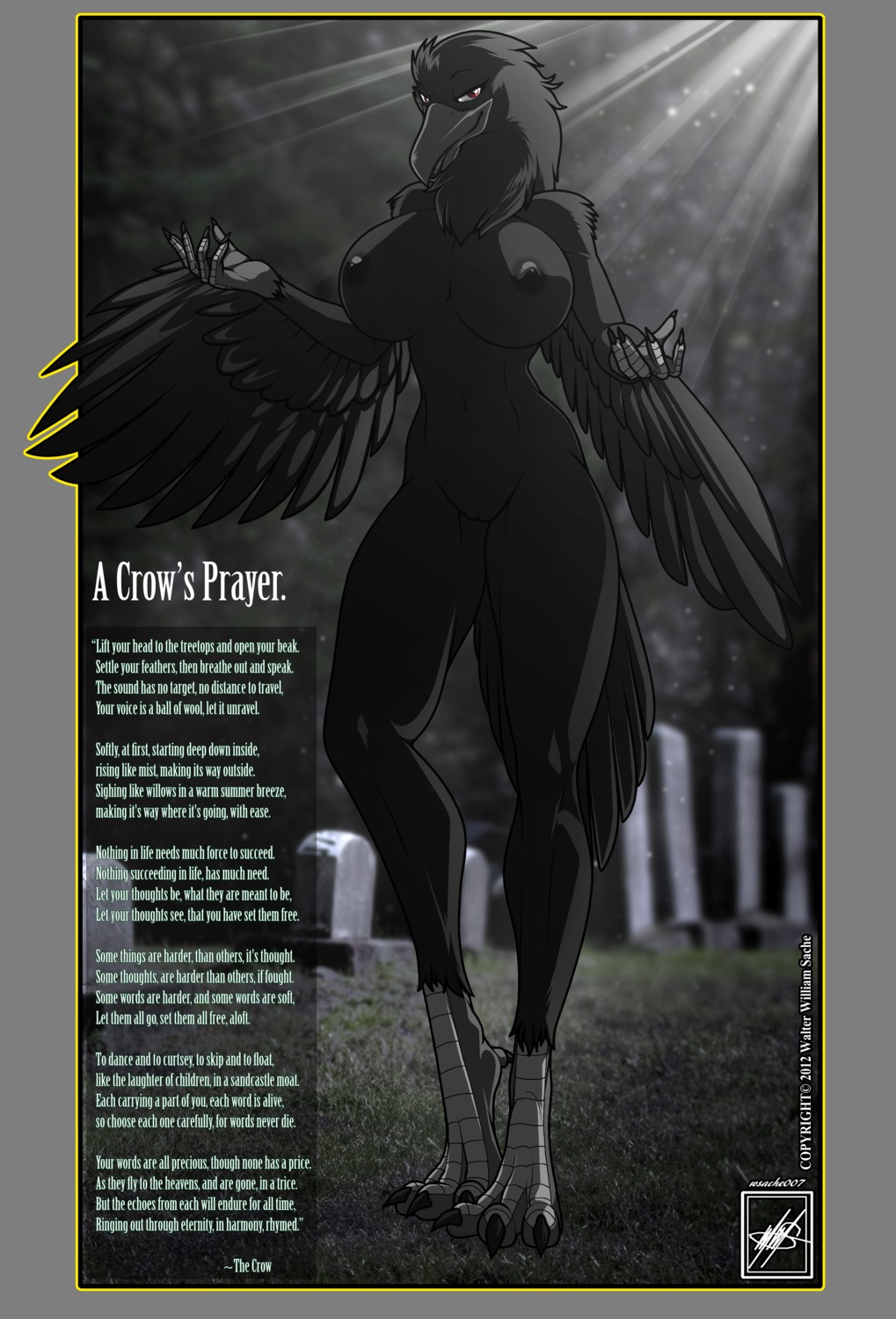 2012 2013 5_fingers absurd_res alpha_channel anthro areola avian beak beakstick bedroom_eyes big_breasts biped bird black_lipstick black_nipples breasts cemetery claws corvid corvus_(genus) crow dark_theme dated digital_media_(artwork) e621 english_text feathered_wings feathers feet female fingers front_view furgonomics genitals grass grey_beak half-closed_eyes hi_res lips lipstick looking_at_viewer makeup narrowed_eyes nipples non-mammal_breasts non-mammal_nipples nude oscine passerine pinup plant poetry pose presenting presenting_breasts presenting_vulva red_eyes seductive smile smiling_at_viewer solo standing talons text thick_bottom_lip toes vulva walter_sache winged_arms wings