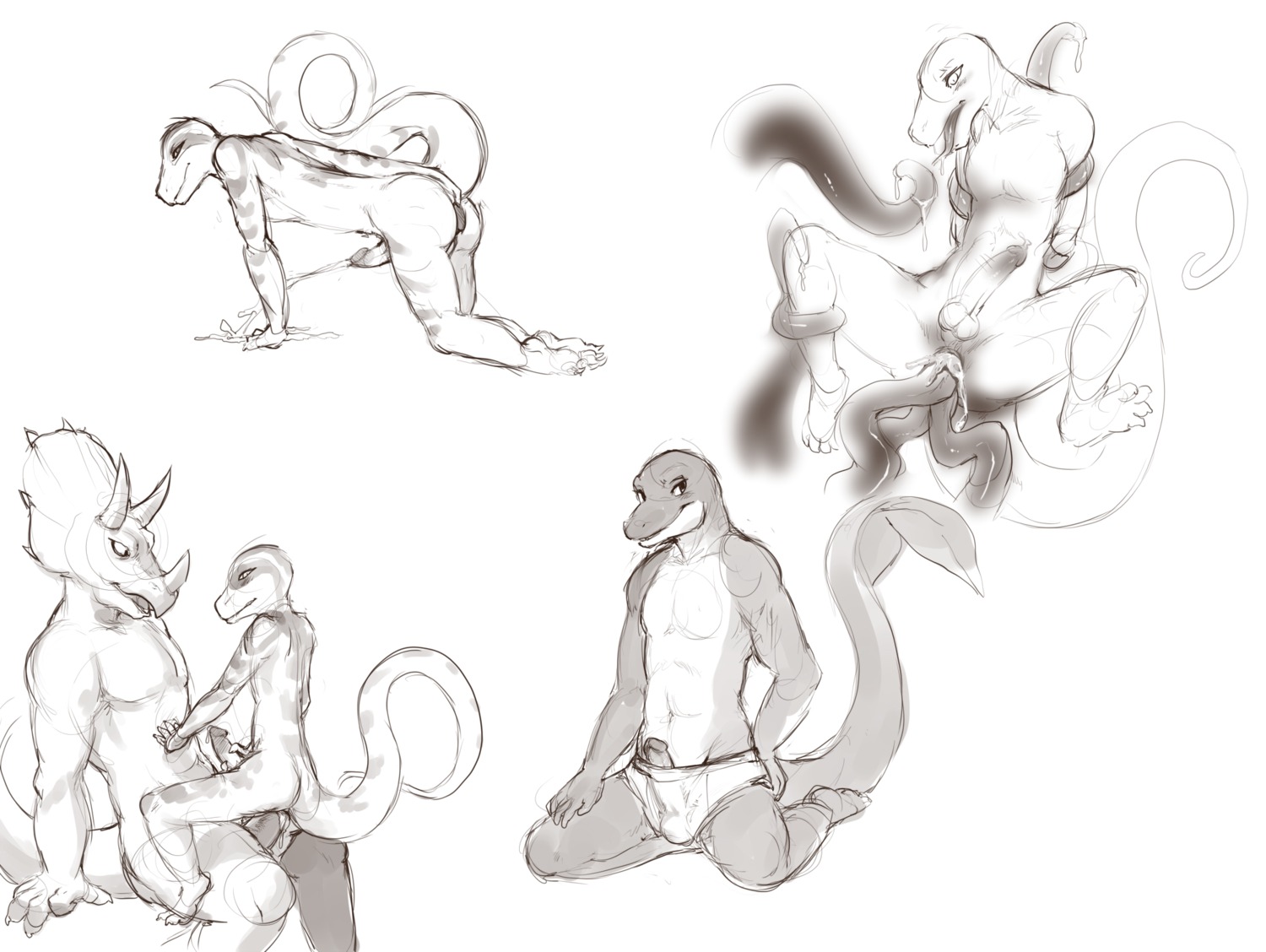 all_fours anal anal_sex anus balls claws crest cum cumshot dinosaur eye_contact gay horns kneeling lizard looking_at_another looking_at_viewer male orgasm penetration purplekecleon restrained rule34 scalie sitting size_difference sketch tail tentacle tongue triceratops underwear