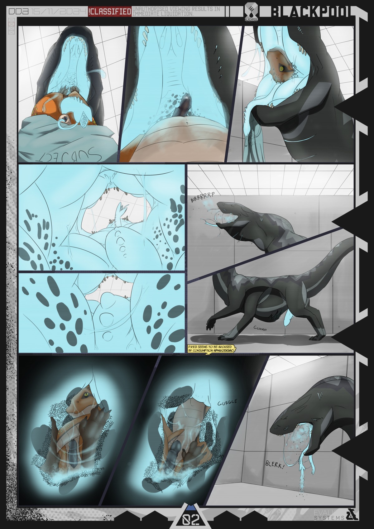 2013 abdominal_bulge absurd_res anthro anthro_prey big_penis black_body black_skin bodily_fluids comic detailed_internal dialogue dragon duo e621 english_text erection evalion feral feral_pred genitals hi_res holding_belly internal laboratory long_neck long_tongue male male/male multiple_scenes mythological_creature mythological_scalie mythology neck_bulge oral_vore penis saliva scalie soft_vore tail text tongue vore