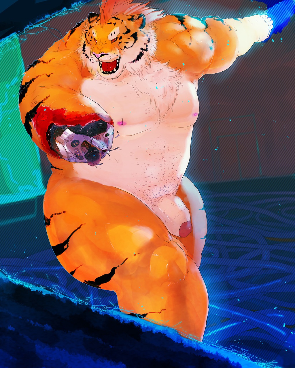 animal anthro fangs furry gore guro highres male male_only muscles open_mouth red_eyes rule34 tiger