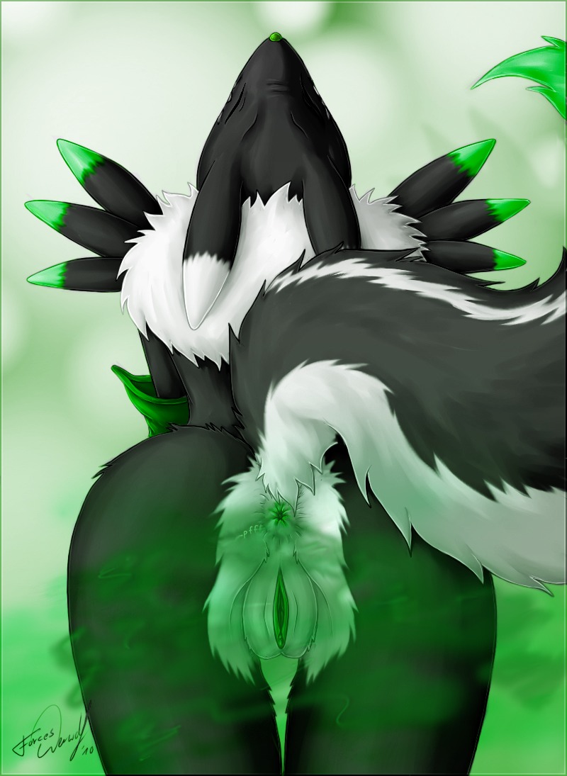 2010 acidrenamon alternate_color anthro anus bandai_namco black_body black_fur canid canine digimon digimon_(species) digital_media_(artwork) e621 eyes_closed fan_character fart fart_cloud fart_fetish female forceswerwolf fur genitals green_fart_cloud hybrid mammal mephitid renamon simple_background skunk skunk_spray solo tail vulva white_background white_body white_fur