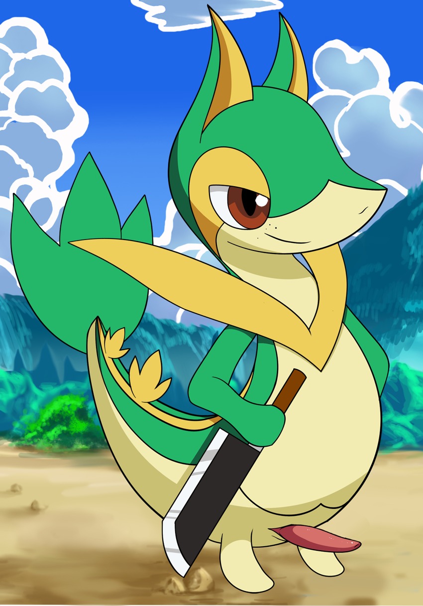 color day feral knife male male_only nude outdoors penis pointy_snout pokemon pokemon_(species) rule34 servine snivy solo standing tagme