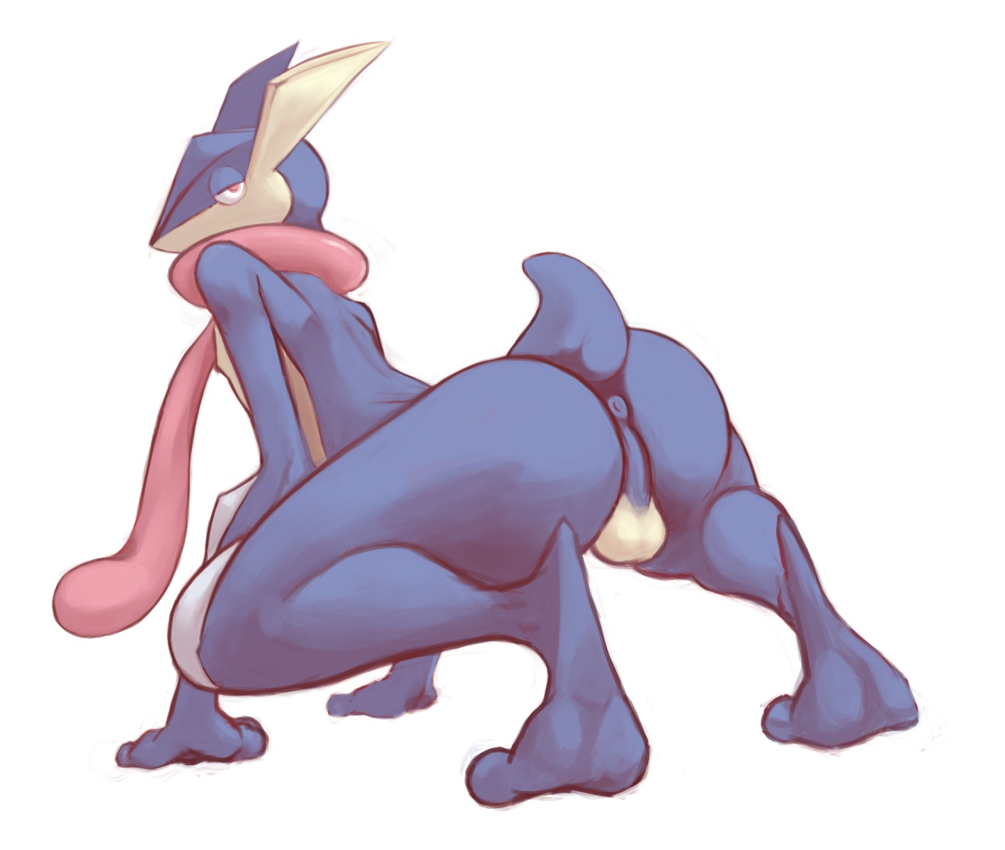 2014 all_fours amphibian amphlow anthro anus backsack balls barefoot big_butt biped butt e621 feet generation_6_pokemon genitals greninja half-closed_eyes hi_res looking_back male narrowed_eyes ninja nintendo nude pokemon pokemon_(species) rear_view short_tail simple_background solo tail tongue tongue_out warrior white_background