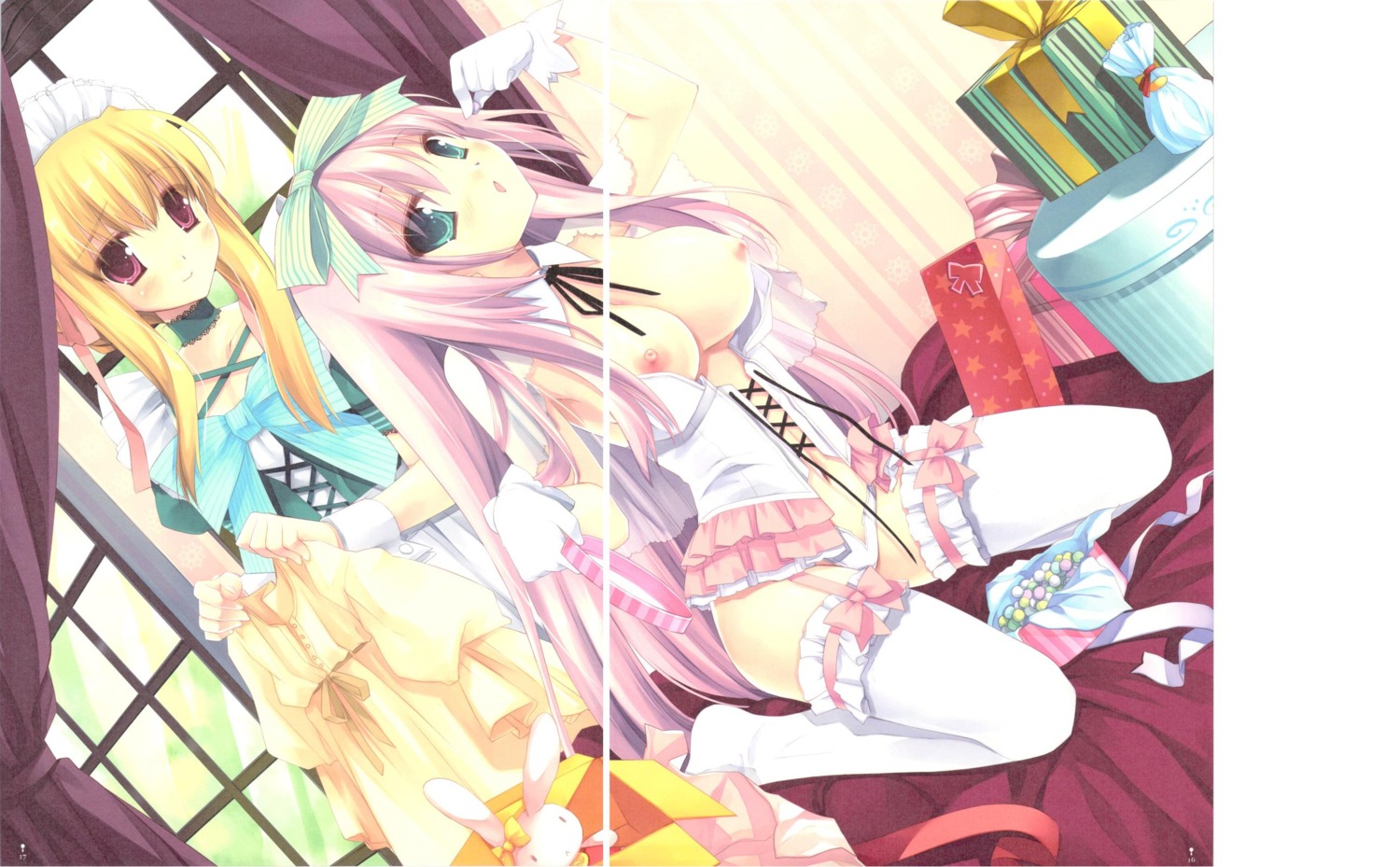 aqua_eyes blonde_hair candy female gift maid nipples oppai panties pink_hair red_eyes rule34 thighhighs