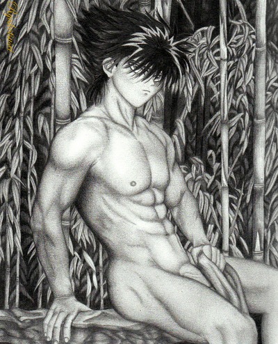 2008 abs ass bamboo black_hair demon detailed detailed_background hiei human human_only low_res lowres male male_focus male_only monochrome muscles muscular muscular_arms muscular_ass muscular_butt muscular_legs muscular_male nipples nude nude_male penis rule34 ryukotsusei signature sitting solo spiked_hair spiky_hair towel towel_only vein veiny veiny_penis watermark yu_yu_hakusho