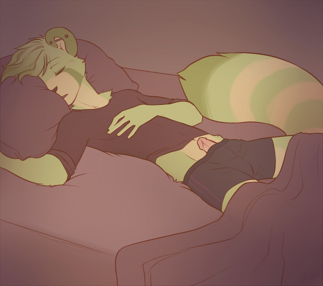 2013 5_fingers ailurid anthro ash_reeves bed bed_covers bedding biped black_nose boxer_briefs clothed clothing countershading digital_media_(artwork) dipstick_tail e621 ear_piercing erection eyes_closed fingers fur furniture genitals glans green_body green_fur green_hair hair hand_on_chest humanoid_genitalia humanoid_penis industrial_piercing lockworkorange lying male mammal markings morning_wood multicolored_body multicolored_fur multicolored_tail on_back on_bed penis penis_poking_out piercing pillow pink_glans pink_penis red_panda ring_(marking) ringed_tail shirt sleeping slim solo striped_markings striped_tail stripes tail tail_markings tan_body tan_fur topwear underwear