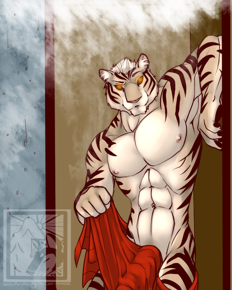 4:5 anthro biped bulge e621 erection felid feralise genitals glowing glowing_eyes leucistic male mammal markings nipples nude pantherine penis solo standing steam stripes tiger towel yellow_eyes