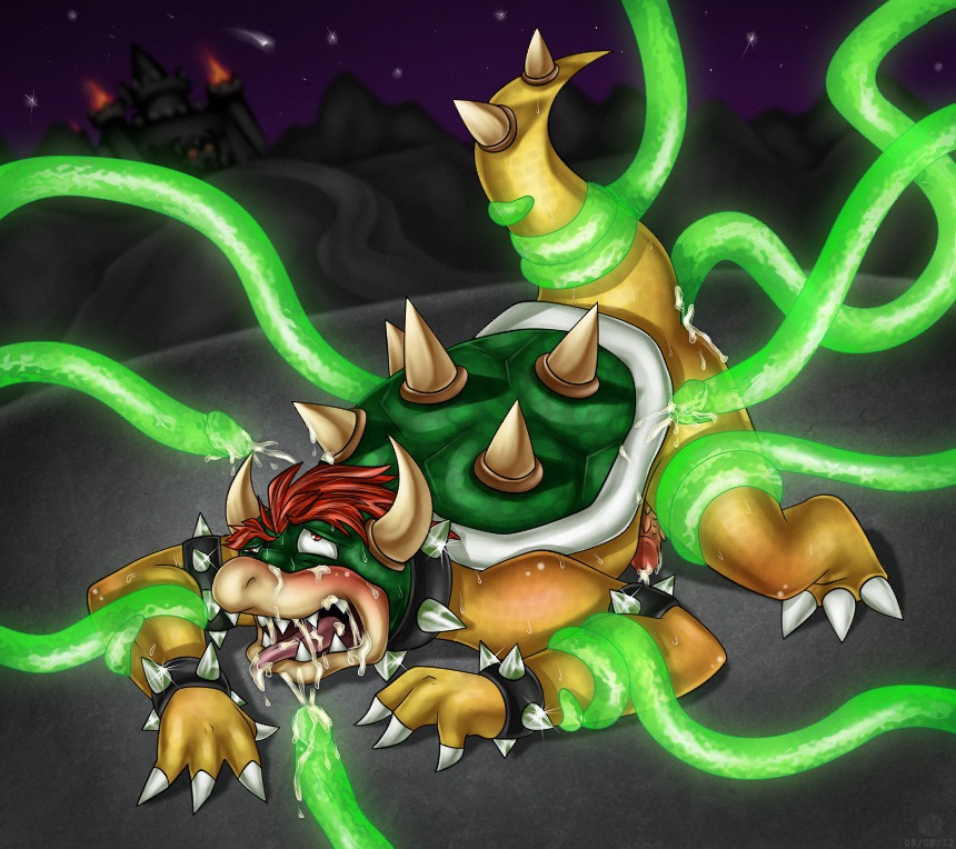anal anal_penetration anthro blush bodily_fluids bowser claws collar cum cum_in_ass cum_in_mouth cum_inside cum_on_face cum_on_tongue cumshot e621 ejaculation erection forced from_behind_position genital_fluids genitals glistening hair horn koopa male mario_bros nintendo orgasm penetration penis rape reptile scalie sex shell solo spikes tail tentacle_rape tentacle_sex tentacles tongue unknown_artist wristband
