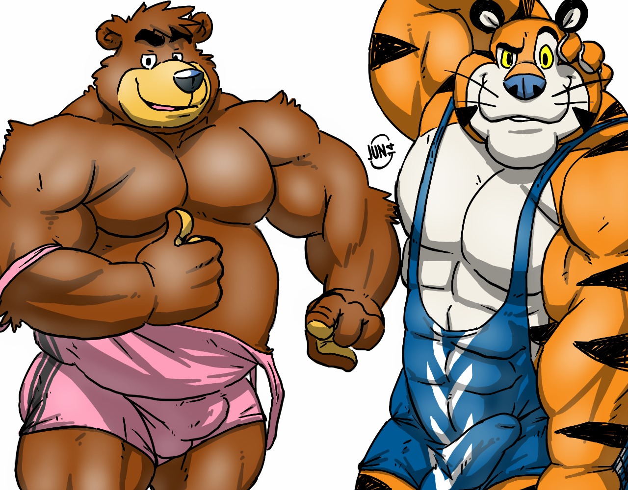 2014 abs anthro bear biceps big_muscles black_nose blue_nose brown_body brown_fur bulge chocos clothing countershading detailed_bulge duo e621 fb1907 felid flexing frosted_flakes fur genital_outline gesture hand_behind_head hand_gesture kellogg's looking_at_viewer male mammal markings mascot musclegut muscular muscular_male pantherine pecs penis_outline pose simple_background slightly_chubby standing stripes thumbs_up tiger tight_clothing tony_the_tiger undressing whiskers white_background wrestling_singlet yellow_eyes