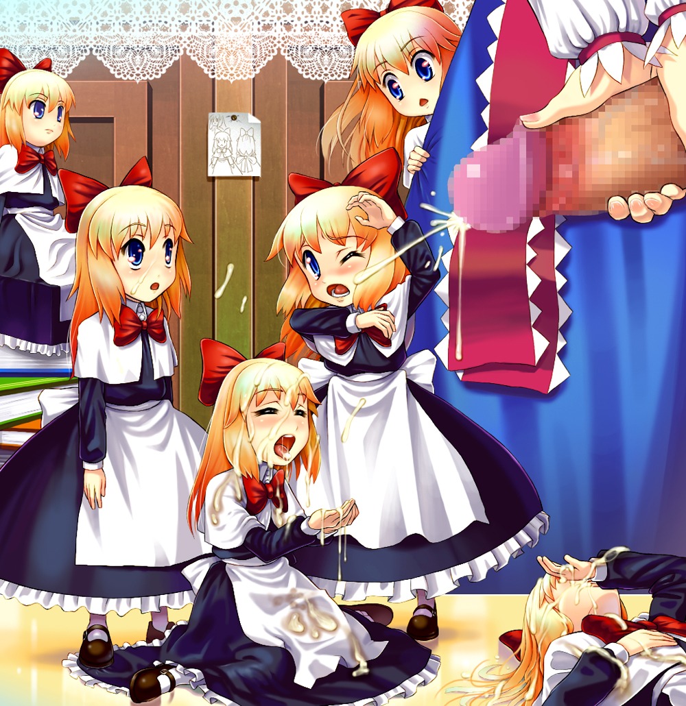 alice_margatroid blonde_hair blue_eyes blush bow censored cum doll dress facial female hairbow handjob human long_hair male nemuo penis rule34 shanghai_doll short_hair straight touhou wince