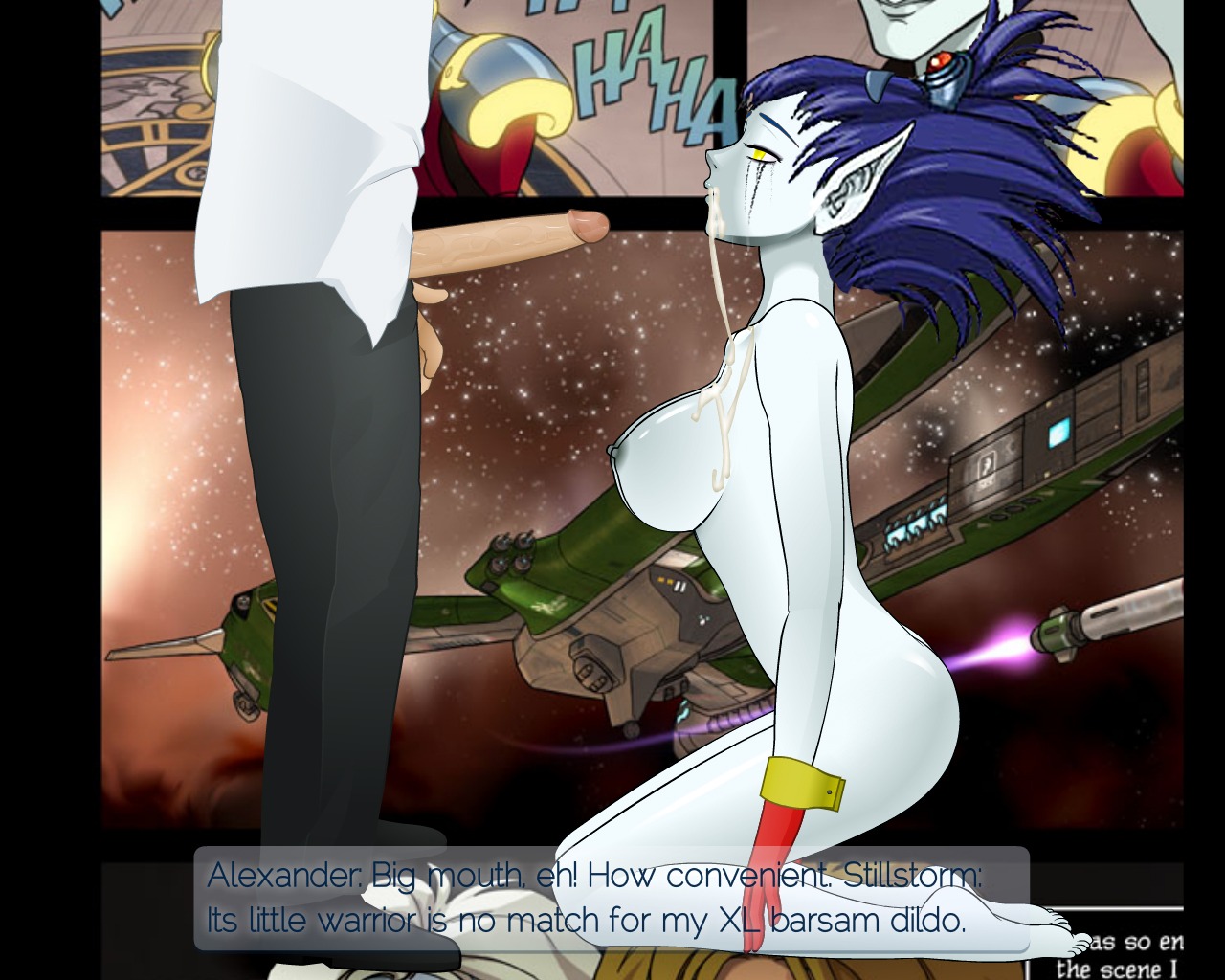 1boy 1girls alexander_jardin arioch blue_hair breasts clothed_male cum_on_breasts cum_on_face english_text female jim_francis konashion loroi makeup_running male nude nude_female outsider_(webcomic) penis pointy_ears rule34 runny_makeup screencap side_view stillstorm super_deepthroat_game tagme text webcomic
