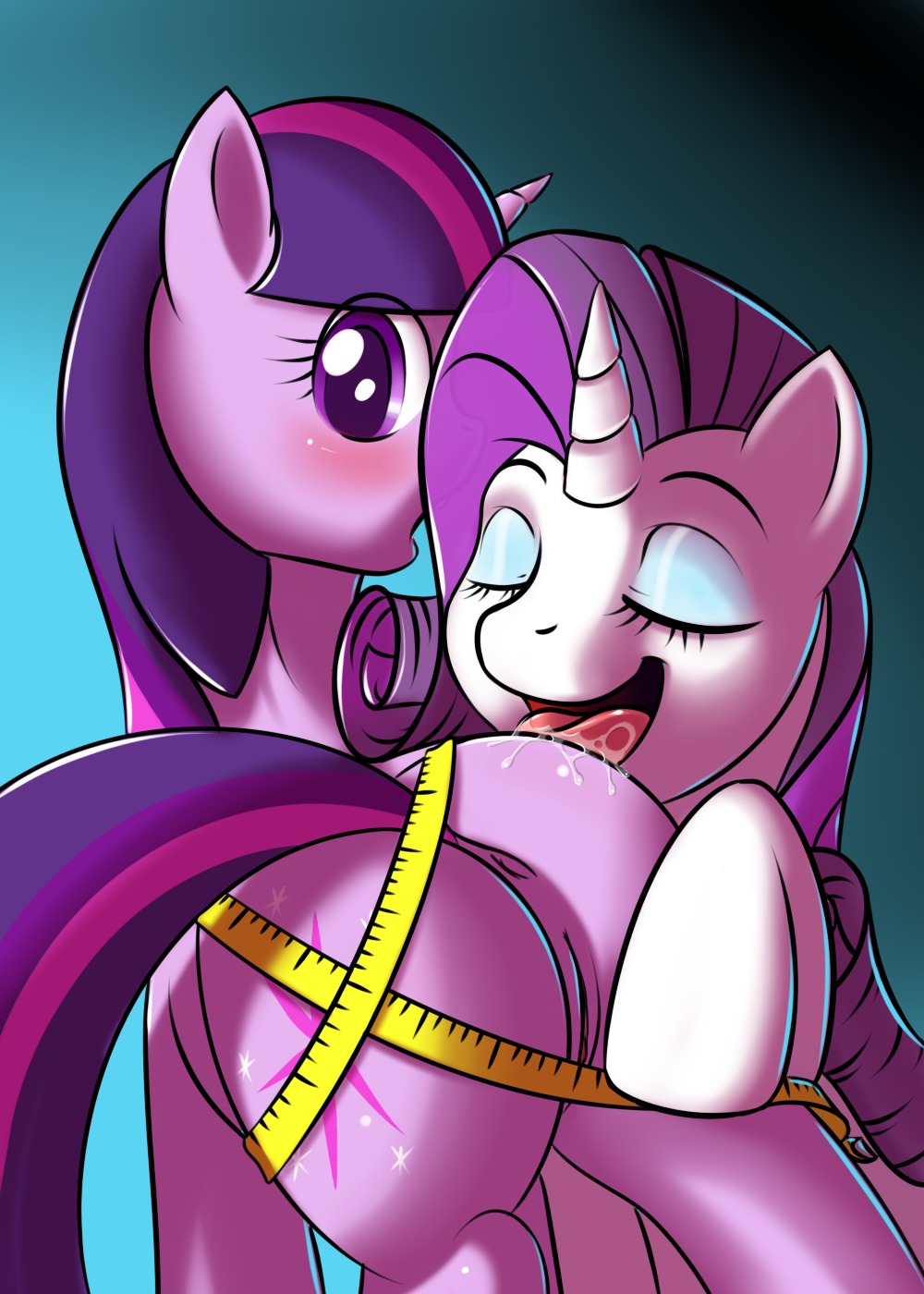 anus blue_eyeshadow blush bodily_fluids butt cutie_mark digital_media_(artwork) duo e621 equid equine eyes_closed eyeshadow female female/female feral friendship_is_magic fur genitals gradient_background hair hasbro hi_res horn kloudmutt licking looking_back makeup mammal measuring multicolored_hair my_little_pony mythological_creature mythological_equine mythology purple_body purple_eyes purple_fur purple_hair raised_tail rarity_(mlp) rear_view saliva simple_background smile tail tape tape_measure tongue tongue_out twilight_sparkle_(mlp) two_tone_hair unicorn vulva white_body white_fur
