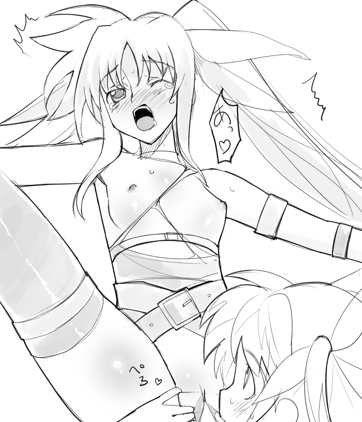 2girls a1 censored fate_testarossa female initial-g mahou_shoujo_lyrical_nanoha monochrome multiple_females multiple_girls nipples nopan oppai pussy rule34 takamachi_nanoha torn_clothes vagina yuri