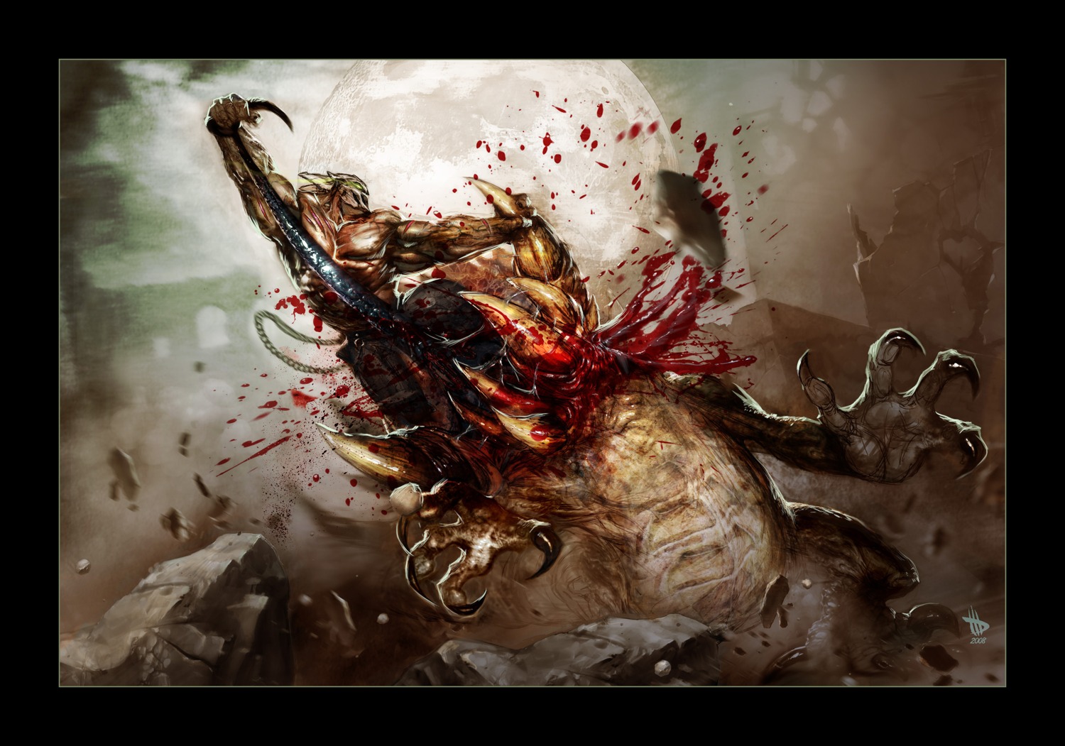 absurd_res battle black_border blood bodily_fluids border dave_wilkins death demon digital_media_(artwork) duo e621 fight gore grotesque_death hi_res horror_(theme) human male mammal monster moon rick_taylor ripping sharp_teeth splatterhouse teeth terror_mask tongue