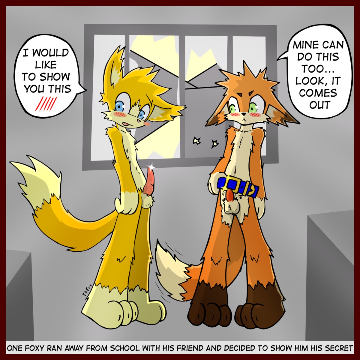 1:1 alternate_version_at_source animal_genitalia animal_penis anthro balls belt blush canid canine canine_genitalia canine_penis comparing comparing_penis curiosity curious dialogue duo e621 english_text erection fox genital_exploration genitals half-erect hi_res knot knotted_penis looking_at_another looking_at_genitalia looking_at_partner looking_at_penis male male/male mammal mostly_nude nude penis presenting presenting_genitalia presenting_penis sexual_exploration show_me_yours standing t9fox tail text young young_anthro young_male young_on_young