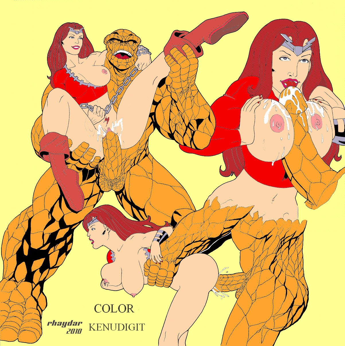 1boy 1girls 2010 areola areolae artist_name ass auburn_hair balls bare_shoulders barefoot ben_grimm big_ass big_breasts big_penis blue_eyes boots bottomless bracelet breasts chain closed_eyes color colored cum cum_in_pussy cum_on_breasts fantastic_four female from_behind human kenudigit large_penis licking licking_penis lipstick long_hair male marvel marvel_comics mouth_open muscles muscular muscular_female nail_polish naked navel nipples nude open_mouth oral oral_sex paizuri penis penis_lick penis_licking pubic_hair pussy rhaydar rule34 sex smile smiling straight tagme teeth testicles the_thing_(marvel) thundra tiara titfuck titjob tongue topless vagina vaginal_penetration yellow_background