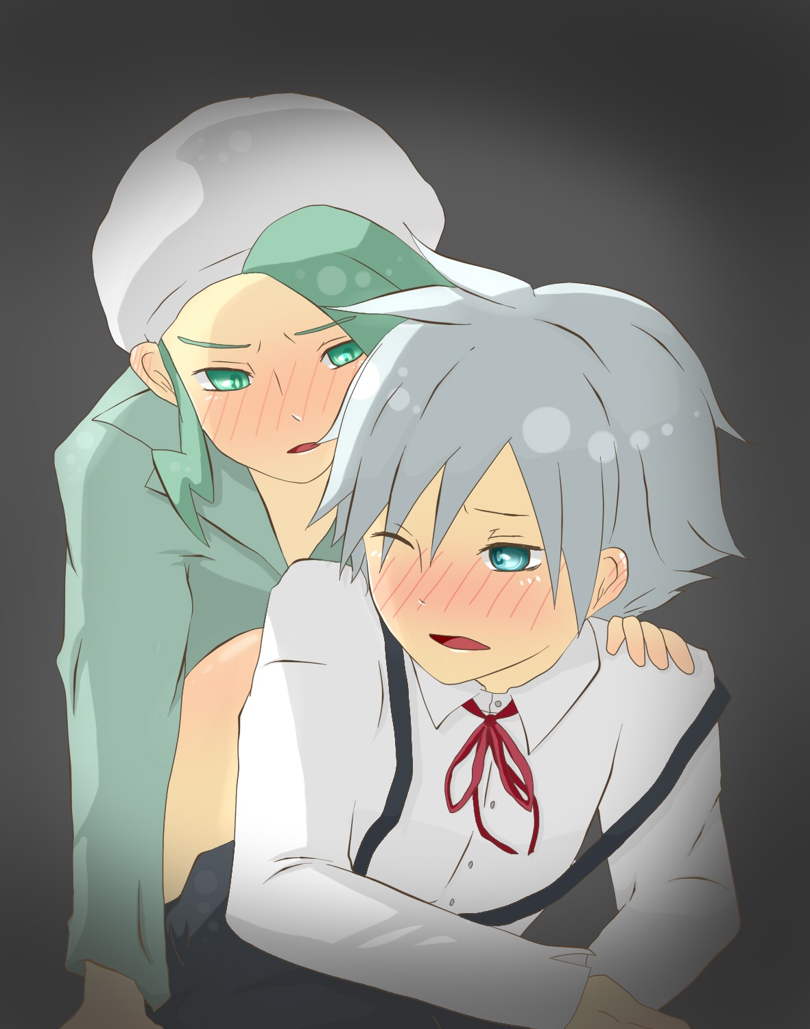 artist_request blush clothes color front_view green_hair grey_hair hair male male_only multiple_males pokemon rule34 steven_stone_(pokemon) tagme wallace_(pokemon) yaoi